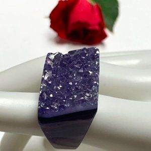 Druzy Agate - Carved Natural Purple Gemstone Ring